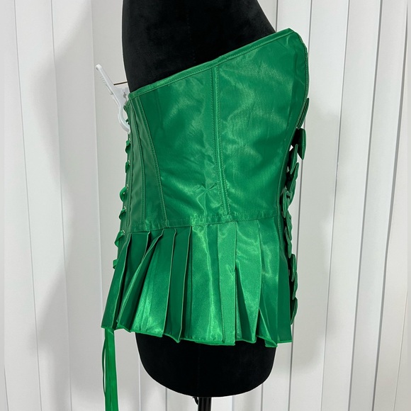 Bright Green Satin Peplum Style Bow Accented Strapless Lace Up Corset Top XL - Picture 7 of 11